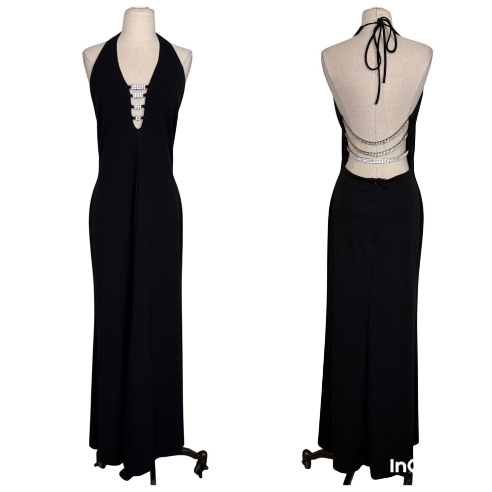Vintage Y2K Morgan & Co. Black halter Gown Sz M Rhinestone Open Back Sexy *Flaws